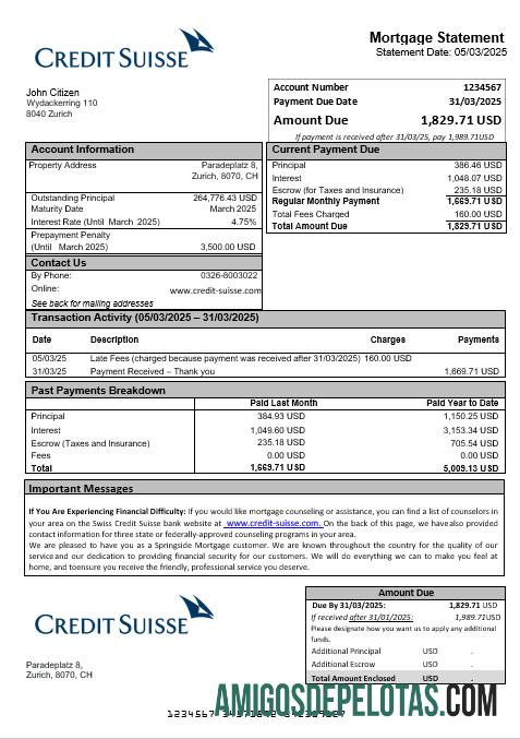 Extrato de hipoteca do Swiss Credit Suisse Bank em formatos Word e PDF amostra